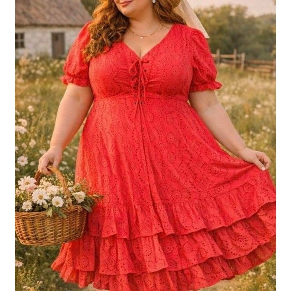 Ivy City Co Mary Kate Eyelet Ruffle Tiered Corset Neckline Puff Sleeve Dress 18W
